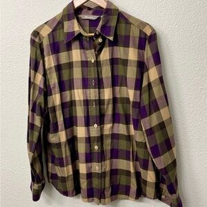 Tanjay Cozy Flannel Plaid Button-Up Shirt in Purple, Green, and Beige Size 16